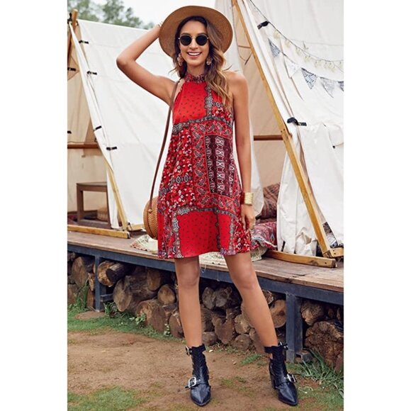 Boho Red Paisley Printed Chiffon A-Line Halter Sleeveless Mini Shift Dress - Picture 2 of 7